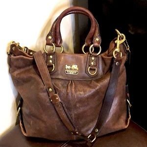 COACH Large Brown Leather Top Handle Shoulder Bag External Zipper Pocket Vintage